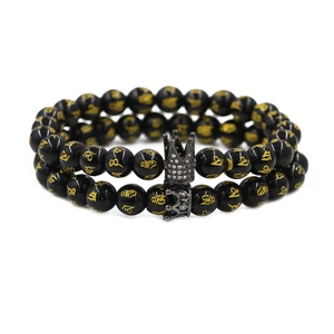 Pulsera de Cuentas de Ágata Negra para Hombre Pulsera con Dije de Corona de Cobre Con Caracteres de Mantra Circonia Joyería