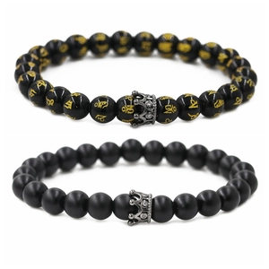 Set de pulseras de corona para hombre con cuentas mantra pulidas y piedras negras mate