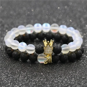 Couples crown beaded bracelet set with moonstone and black lava rock stones