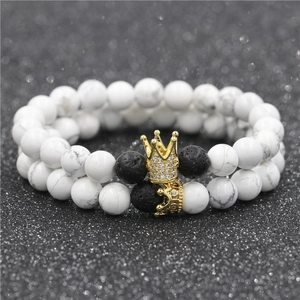 Couples crown bracelets set with white marble stone and black lava beads for men and women