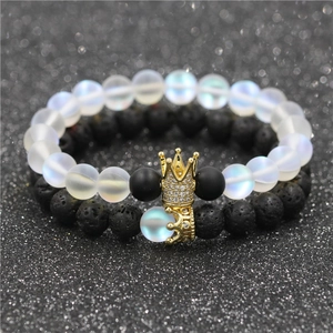 Moonstone and lava rock crown beaded bracelet set for couples in high contrast luxury style