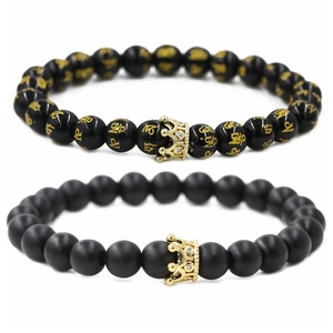Set pulseras de corona para hombre con cuentas negras mates y circonita dorada incrustada