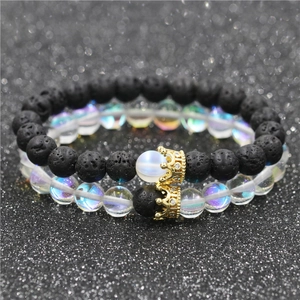 Natural Stone Beaded Bracelet Set With Crown Pendant Lava Stone Synthetic Moonstone Jewelry Gift For Couples Unisex Bracelet