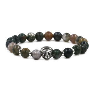Men's natural Indian agate beaded bracelet featuring a silver lion head and metal spacers