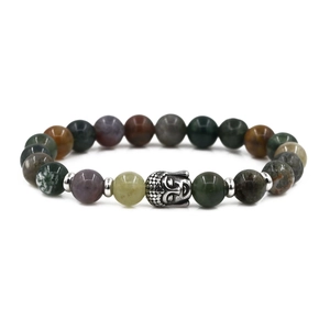 Agate beaded bracelet with vintage silver Buddha head and multi-colored natural stones