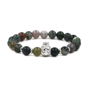 Natural Stone Beaded Bracelet With Stainless Steel Lion Head Buddha Charm Retro Punk Ethnic Jewelry For Men Women