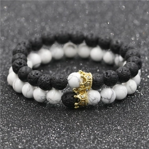 Lava stone and white turquoise couple bracelets with micro-pave zircon gold crowns