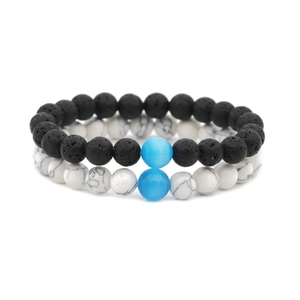 Natural Lava Stone White Turquoise Beaded Distance Bracelet Crown Charm Elastic Bracelet Unisex Couple Jewelry