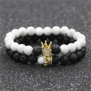 Natural Volcanic Stone White Turquoise Crown Beaded Bracelet Set For Couples Unisex Copper Zirconia Inlaid Fashion Jewelry Gift