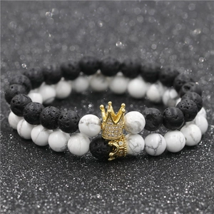 Micro-pave zircon crown bracelet set with white turquoise and black lava stones