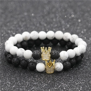 Micro-pave zircon crown bracelet set with white turquoise and black lava stones