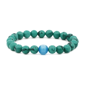 Distance bracelet featuring natural turquoise beads and a blue cat eye stone center