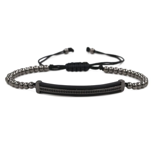 Bracelet tissé à billes de cuivre 4mm avec barre de zircon noir et finition gunmetal