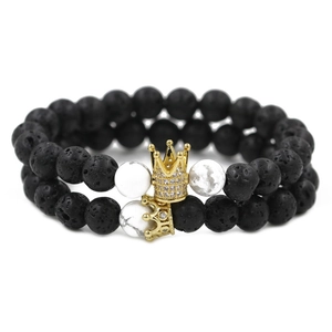 Lava stone and turquoise couple bracelets with gold micro-pave crown charms set