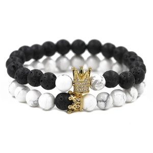 Micro-set zircon crown couple bracelets with black lava and white turquoise beads