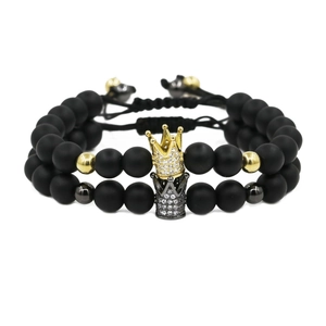 Ensemble de bracelets de perles couronne pour hommes avec zircons et cordon réglable