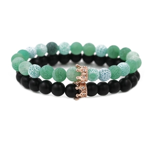 Green crackle agate and matte black crown beaded stretch bracelets for couples