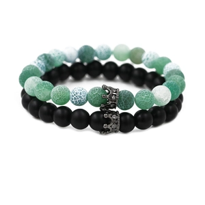 Green volcanic stone and black matte bead bracelet set with crown charms for couples