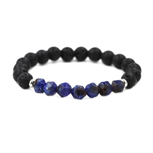 Bracelet de perles en agate bleue facettée et pierre de lave noire pour hommes et femmes en argent