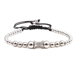 Adjustable woven bracelet with silver copper beads and a micro-pave zircon H-link