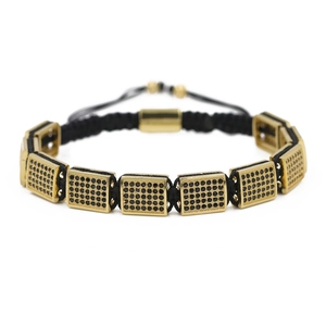 Bracelet tressé pour homme avec blocs rectangulaires dorés et cristaux de zircon noir