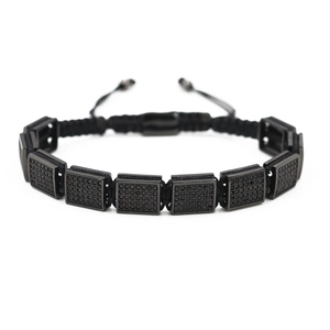 Bracelet tressé noir réglable pour homme avec six blocs carrés pavés de zircons noirs