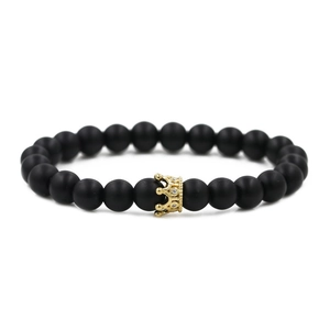 Matte black beaded crown bracelet with gold micro-inlaid zircon for men and women
