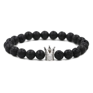 Bracelet en Perles de Pierre de Lave Noire 8mm Avec Couronne en Zirconium Micro Pave Pour Hommes Femmes Bijoux Punk en Cuivre