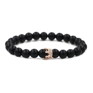 Matte black stone crown bracelet with rose gold zircon crown bead for men and women