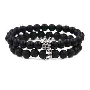 Set of two crown bracelets with matte black beads and lava stones for couples and men