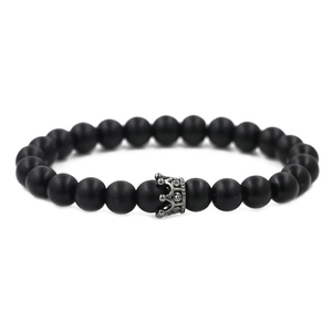 Matte black natural stone crown bracelet with micro-pave silver crown bead for couples