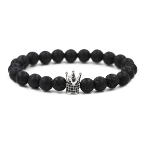 Bracelet couronne en pierre de lave noire avec zircon noir micro-pavé et perles de 8mm