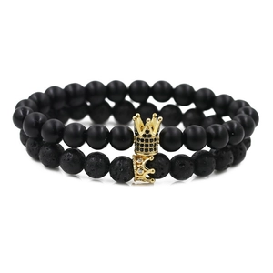 Luxury Crown Couple Beaded Bracelet Set Natural Stone Volcanic Lava Stone Copper Micro Pave Rhinestone Stretch Bracelets