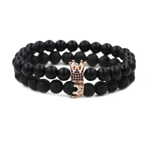 Lava stone and matte black bead crown bracelets with rose gold accents for couples