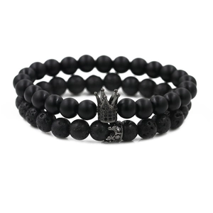 Matte black stone and lava bead crown bracelets set for couples in gothic style