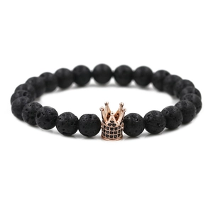 Bracelet couronne 8mm en pierre de lave noire avec zircons pour hommes et femmes