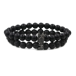 Set of two black crown bracelets with volcanic lava stone beads and micro zircon accents