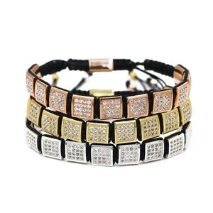 Luxury Copper Square Rhinestone Inlaid Braided Bracelet For Men Women Adjustable Hip Hop Jewelry Gold Tone Geometric Hand Chain