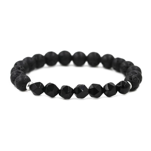 Bracelet en agate noire facettée et pierre de lave avec entretoises argentées