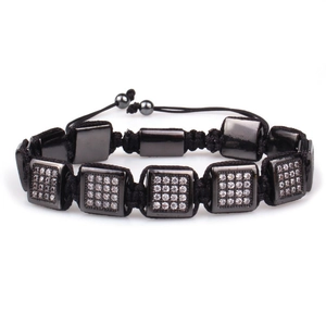 Adjustable black woven bracelet with gunmetal square blocks and micro-pave cubic zirconia