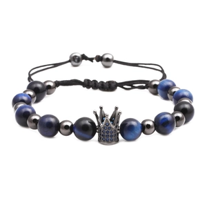 Blue tiger eye beaded crown bracelet with adjustable black braided cord for men and women