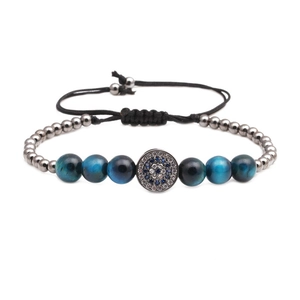 Adjustable Evil Eye bracelet with blue tiger eye beads and micro-set zircon