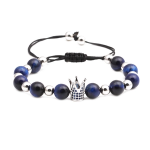 Adjustable blue tiger eye beaded bracelet with silver crown charm inlaid with blue zircon