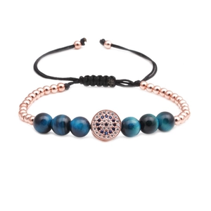 Adjustable evil eye bracelet with blue tiger eye beads and pavé zircon stones