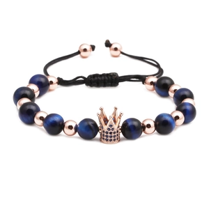 Blue tiger eye crown bracelet with micro-pave zircon and adjustable braided cord