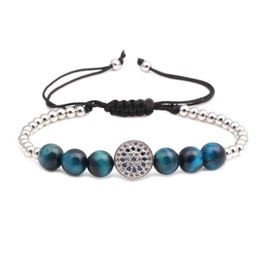 Adjustable Evil Eye Tiger Eye Beaded Bracelet For Women Men Copper Zirconia Micro Pave Charm Braided Rope Ethnic Jewelry