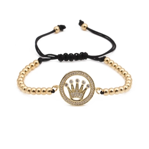 Luxury Copper Micro Pave Zirconia Crown Charm Adjustable Beaded Bracelet For Women Fashion Jewelry Elegant Accessory Gift