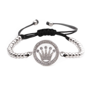 Adjustable silver beaded bracelet featuring a micro-pave zircon crown pendant for women