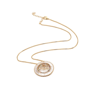 Gold Mom necklace featuring a circular pendant with baguette and colored zircon stones
