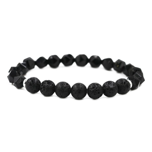 Tigerauge und Onyx Perlenarmband mit facettierter Geometrie und Lavastein Textur